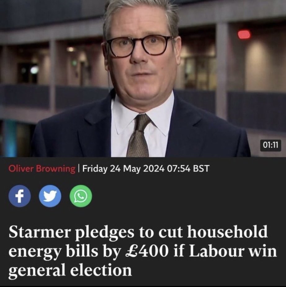 Sir Keir Starmer's cult of Red Thatcherites are denying that he pledged to cut energy bills

On 24 May, Starmer said Labour would cut energy bills by £400 if he won the election

He also never mentioned a word about revoking the Winter Fuel Payment for 10 million pensioners