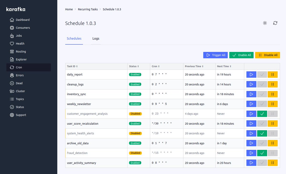 maciejmensfeld's tweet image. 🚀🚀Karafka now supports Recurring Tasks (karafka.io/docs/Pro-Recur…) with Kafka-based state and logs storage. No third-party components are needed. Manageable from the Web UI 💪 another piece of the puzzle for people building event-driven applications in #rubyonrails #apachekafka