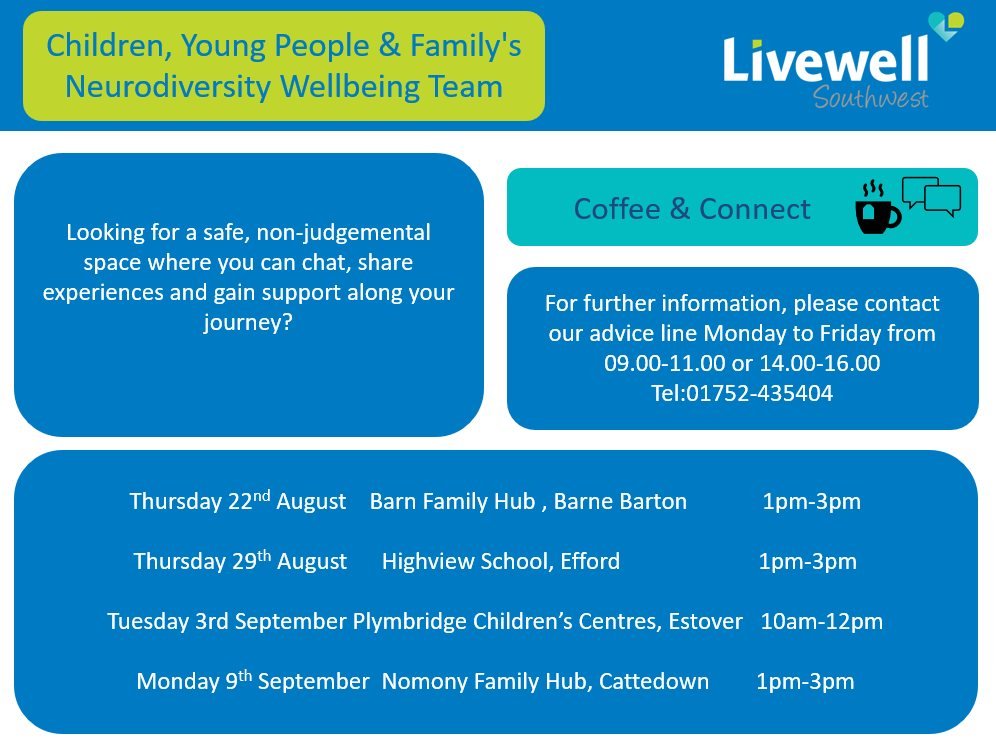 Coffee &amp; Connect | #neurodivergent #neurodiversity
Sometimes difference can feel isolating. <a href="/livewellsw/">Livewell Southwest</a>  Neurodiversity and Wellbeing Team provide these sessions, to feel seen and heard. 
Please contact Livewell for further details on 01752 435404.
