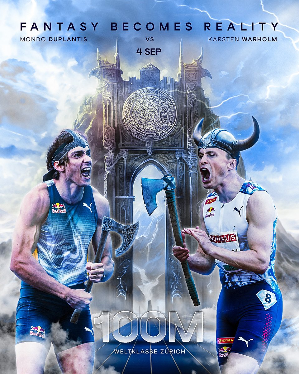 You don't want to miss this ‼️

Pole vault world record-holder <a href="/mondohoss600/">Mondo Duplantis</a> takes on 400m hurdles world record-holder <a href="/kwarholm/">Karsten Warholm</a> over 100m on 4 September in Zürich.

Warholm holds the faster PB with 10.49 (2017).

Drop your predictions here ⬇️