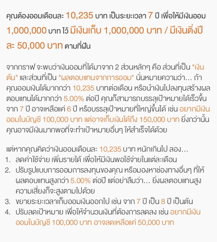 ถ้าทำงานแล้วออม 10,000/ด.ไหว ก็หักเข้าPVD หรือซื้อหุ้นCOOP 7 ปีก็แตะเงินล้าน ถ้าออมน้อยลงก็เพิ่มเวลาไป สิ่งสำคัญคือรอเวลา พอครบ 1 M. เงินมันจะทำหน้าที่ของมันเอง Ex.หุ้นCOOP ครบ 1M. จะได้ปันผลประมาณ 50,000/ปี ก็เอาปันผลก้อนนี้กลับมาซื้อหุ้นเพิ่ม ไม่ต้องควักเงินเดือนตัวเองมาออมเลย