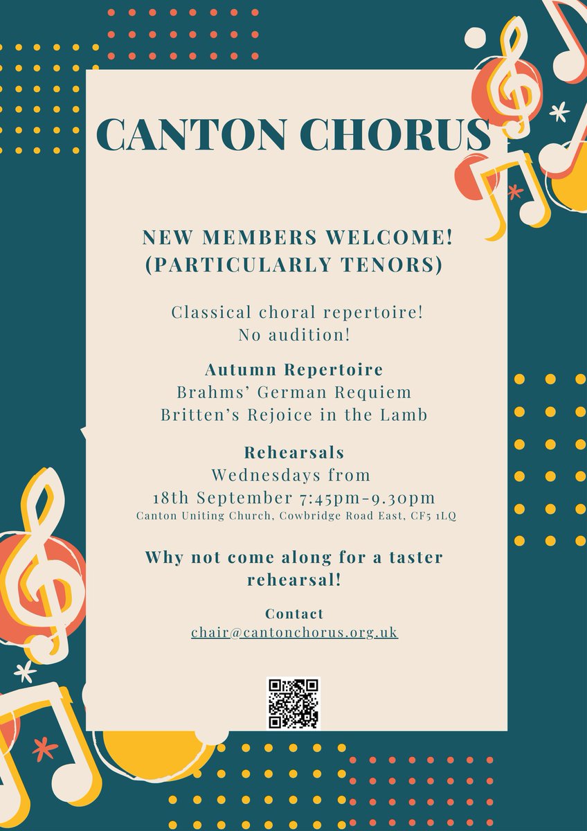 Do you love singing classical choral music? We looking to welcome new members. We're a friendly, inclusive, ambitious choir and no audition is required. Rehearsals are held every Wednesday from 7:45pm until 9:30pm in <a href="/CantonUniting/">Canton Uniting Church</a> starting from 18th September. <a href="/ILovesTheDiff/">I Loves The ‘Diff</a>