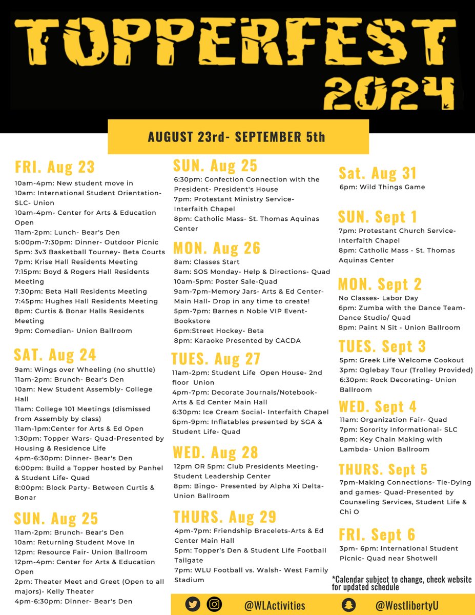 West Liberty U (@westlibertyu) on Twitter photo Presented by <a href="/WLActivities/">WLActivities</a>, Topperfest kicks-off TODAY with a packed schedule of events & activities designed to welcome and acclimate students to WLU.
Activities include sports, meals, picnics, live entertainment, tours, arts & crafts, karaoke and much more! Presented by <a href="/WLActivities/">WLActivities</a>, Topperfest kicks-off TODAY with a packed schedule of events & activities designed to welcome and acclimate students to WLU.
Activities include sports, meals, picnics, live entertainment, tours, arts & crafts, karaoke and much more!
