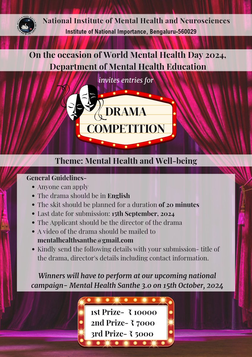 🎭 Exciting news!
As part of World Mental Health Day 2024, we are hosting a drama competition! 
🎬Write, enact, and submit your drama on "Mental Health and Well-being" to raise awareness, debunk myths, and tackle stigma.

#DramaCompetition #MentalHealthMatters #SpeakOut