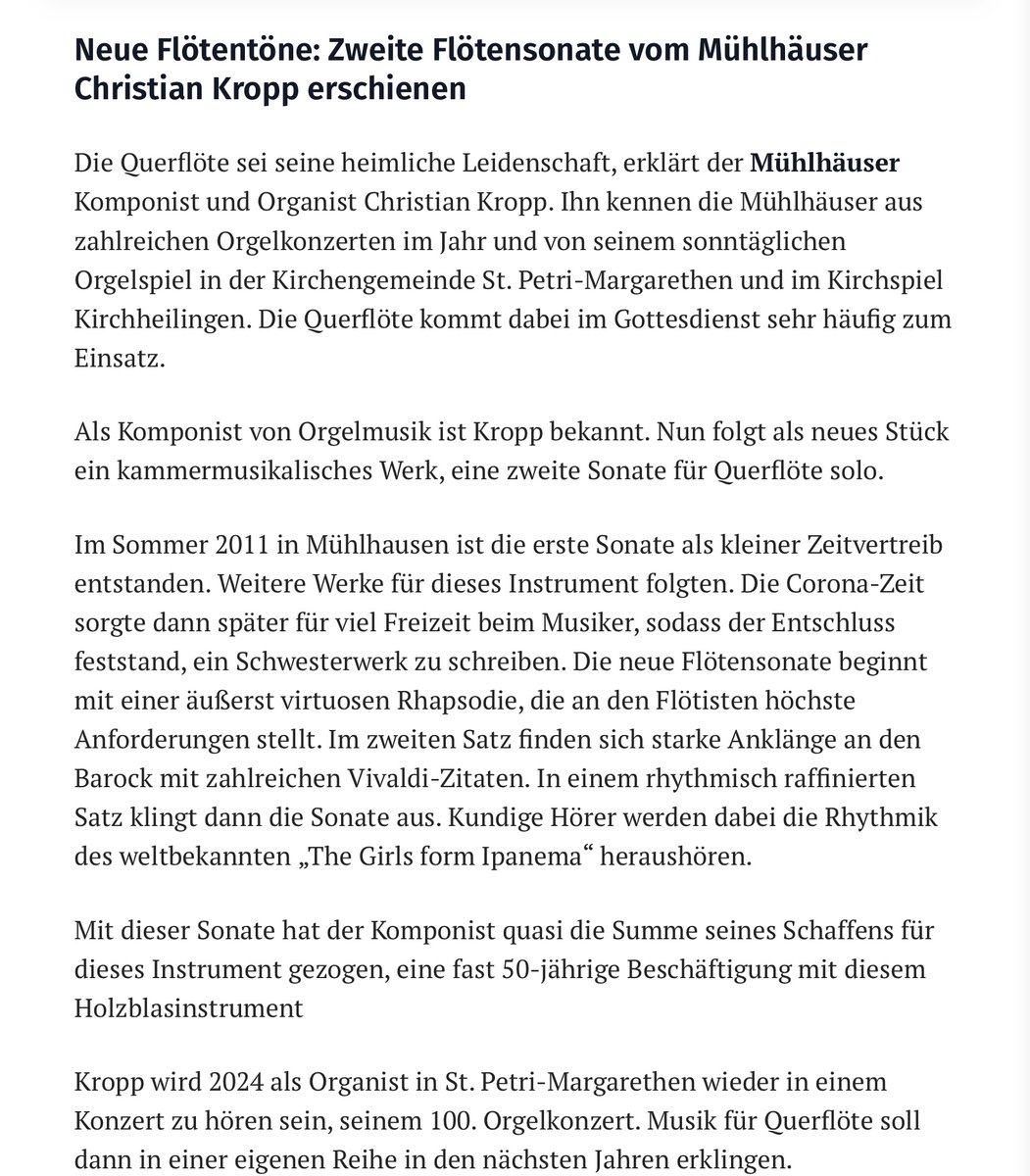 KroppChristian's tweet photo. Schöner Artikel aus der TA vom 20.08.2024 zur 2. Flötensonate #kroppifloetet #floetenkropp https://t.co/RqgzS9AZOf