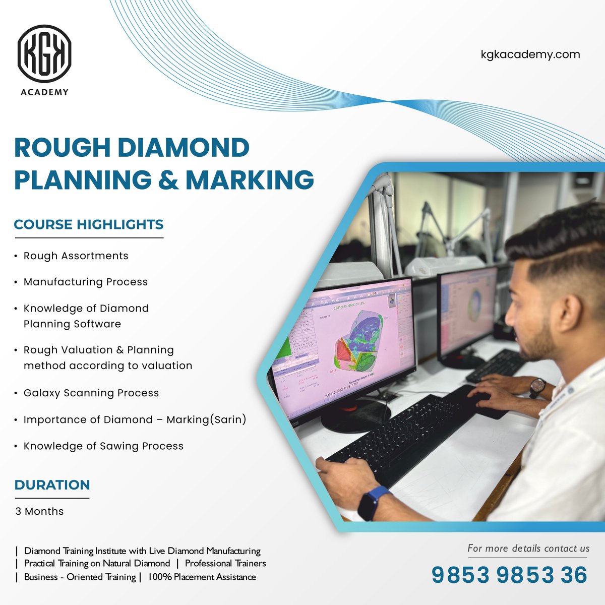 KgkAcademy's tweet photo. Unlock the precision and artistry of diamond manufacturing! 💎✨ Join our Rough Diamond Planning &amp; Marking course and gain hands-on experience with cutting-edge tools and techniques.

Enroll now for a 3-month journey to mastery!

#KGKAcademy #DiamondTraining #RoughDiamond https://t.co/tL5pgyTD9h