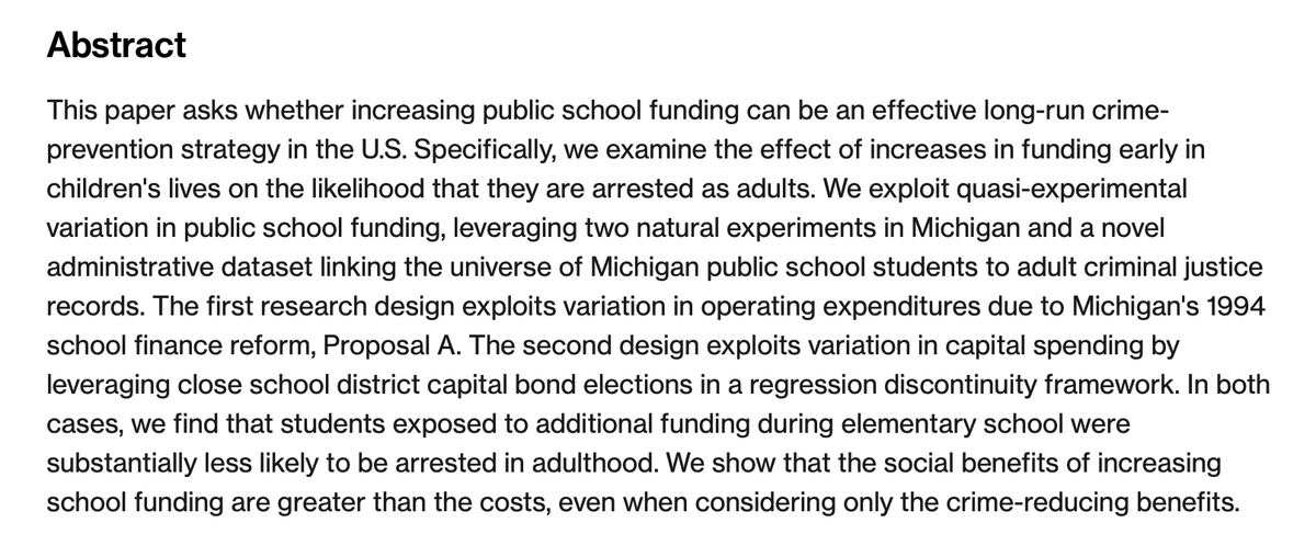 Jennifer Doleac (@jenniferdoleac) on Twitter photo Forthcoming in <a href="/restatjournal/">The Review of Economics and Statistics (REStat)</a>:
"Public School Funding, School Quality, and Adult Crime" by <a href="/JasonBaron4/">Jason Baron</a>, <a href="/jmhyman/">Joshua Hyman</a>, & <a href="/BrittanyEdPol/">Brittany Vasquez</a>
doi.org/10.1162/rest_a… Forthcoming in <a href="/restatjournal/">The Review of Economics and Statistics (REStat)</a>:
"Public School Funding, School Quality, and Adult Crime" by <a href="/JasonBaron4/">Jason Baron</a>, <a href="/jmhyman/">Joshua Hyman</a>, & <a href="/BrittanyEdPol/">Brittany Vasquez</a>
doi.org/10.1162/rest_a…
