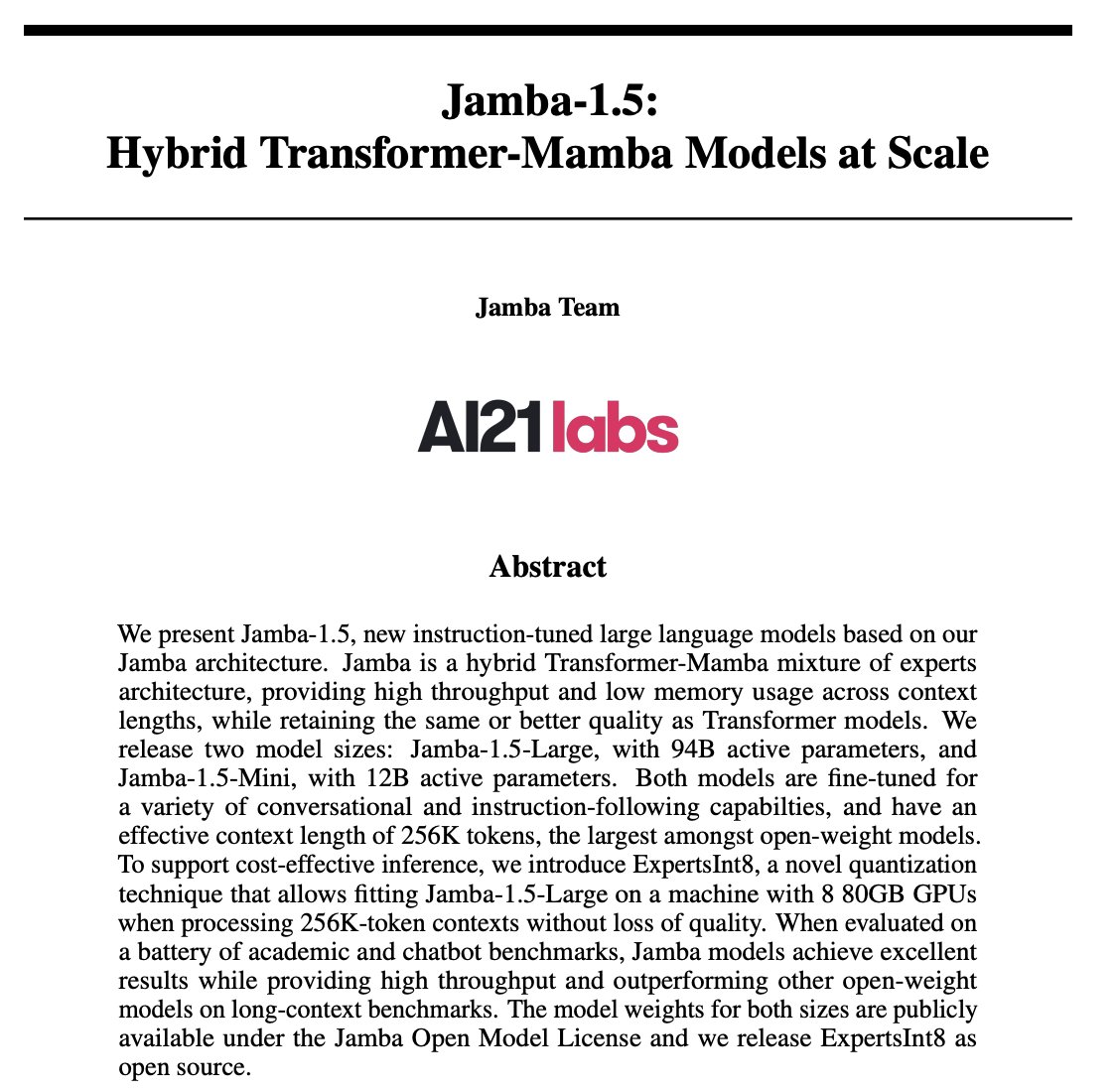 📄Jamba-1.5 whitepaper is out!
The whitepaper details the architecture, training schemes, novelties and in-depth evaluations of our new long context hybrid SSM-Transformer models - Jamba-1.5-Large and Jamba-1.5-Mini.

Arxiv: arxiv.org/abs/2408.12570

Here are some highlights and