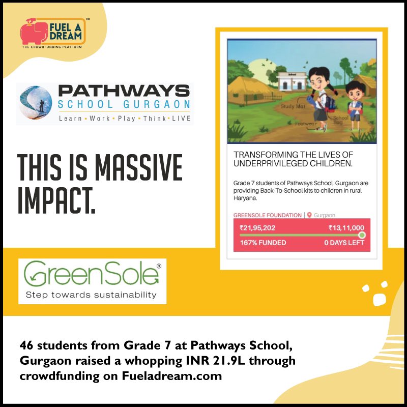 fueladream's tweet photo. Celebrating Pathways School, Gurgaon's Grade 7 students! Raised INR 21.9L for 2,311 upcycled kits for rural Haryana students Inspiring sustainability! https://t.co/wlJYQxjZIm