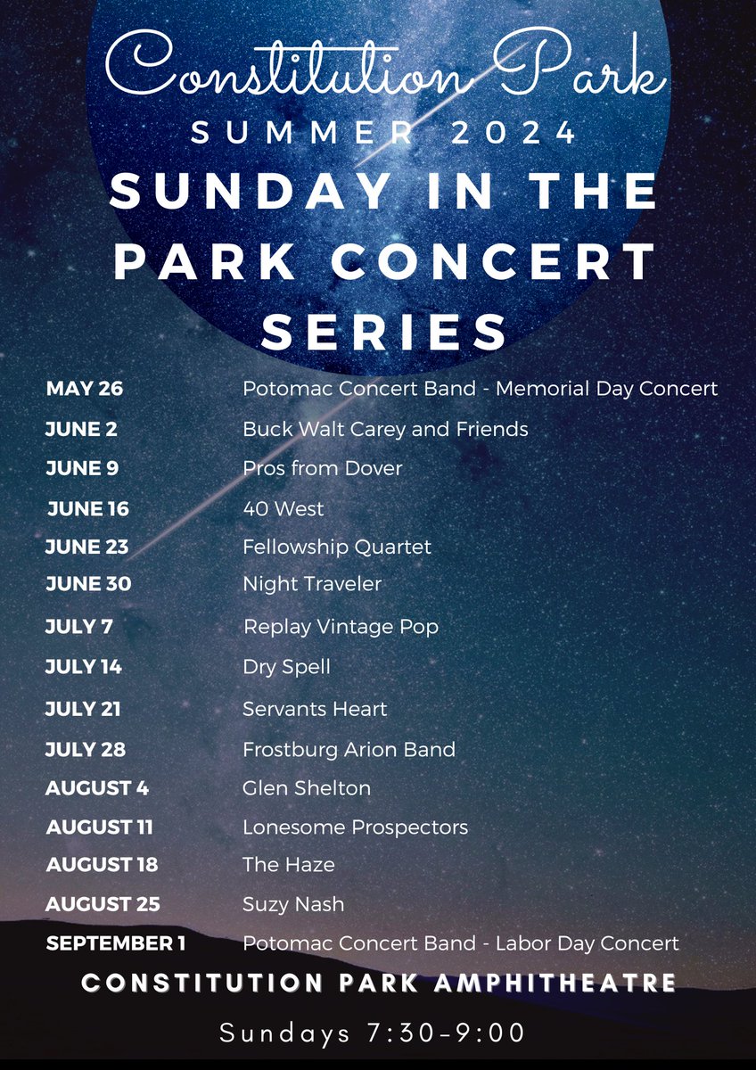 Join us every Sunday at the Constitution Park Amphitheatre for a concert under the stars for the City of Cumberland's Sunday in the Park Concert Series!  

This Sunday, August 25, 2024, features Suzy Nash. All concerts begin at 7:30 p.m. - they are free and open to the public!