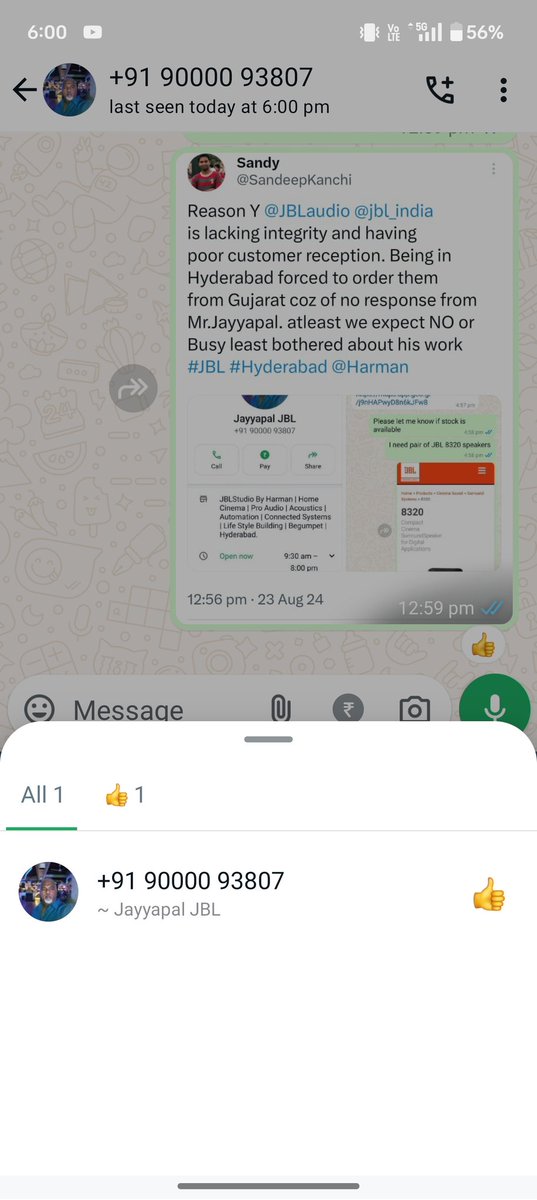 SandeepKanchi's tweet photo. @JBLSoundIn @JBLaudio @jbl_india @Harman Have a look at your Employee response... He doesn't have time to reply but have ample time to like on the negative feedback he gets !!! WoW 👍 https://t.co/snS50YkxBW