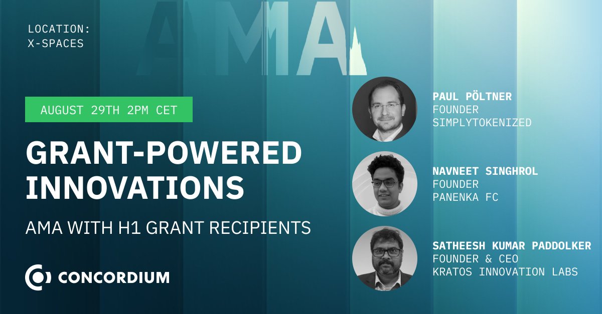 Join us for an exciting AMA spotlighting three innovative projects currently building on Concordium, all of whom have recently received grants from our program.

🗓️ Date: Thursday, August 29th
🕐 Time: 2 PM CEST
📍 Reminder: x.com/i/spaces/1mnxe…

Discover how these teams have