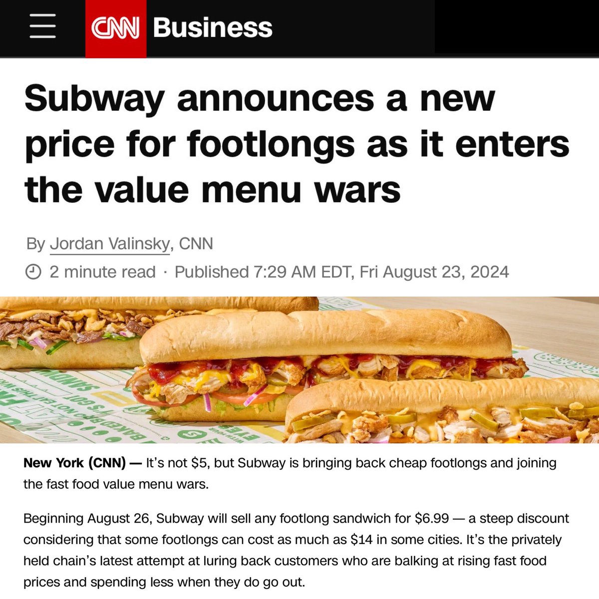 DarrigoMelanie's tweet image. Subway is owned by a private equity firm that raised the prices on their $5 footlongs up to $14.

Now the price back down to $6.99.

It was never about “inflation.”
It was a private equity firm using inflation as an excuse to price gouge customers.

Always expose corporate greed.