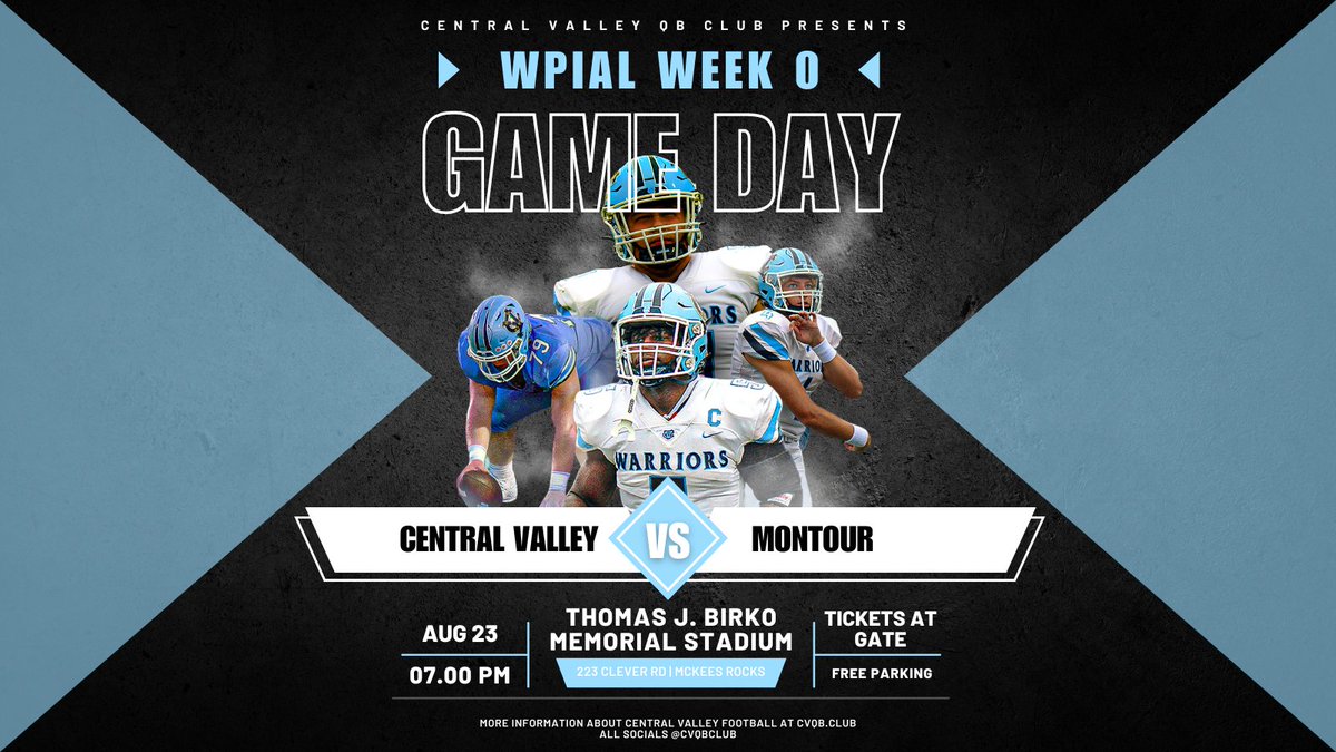 🏈 It's Gameday, Warrior Nation! 🏈

Get ready to kick off the season with a bang as our Central Valley Warriors take on the Class 4A Montour Spartans in our "Week 0" showdown! The action starts at 7 PM on Friday, August 23, 2024, at the legendary Thomas J. Birko Memorial Stadium