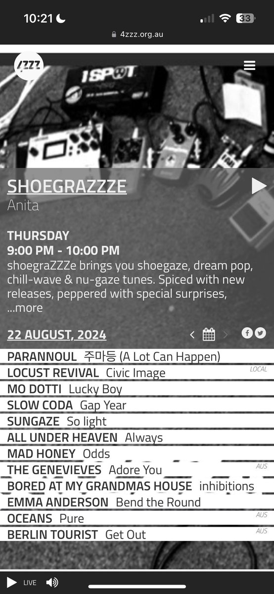 shoegrazzze's tweet photo. 📻 #parannoul #locustrevival @Modottimusic  @CodaZane @SundazedMusic @allunderhvn @madhoneyband @_Genevieves_ @boredatmygrans #emmaanderson @OceansmusicAus #berlintourist

☀️ Thursday 
🕘 9-10pm AEST
📍@4zzzradio @digital_zed 

#lookingdownislookingup 
#shoegaze #dreampop https://t.co/4AvVXmbYdu