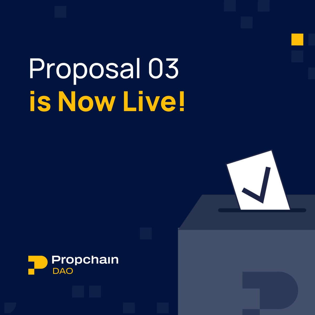 PropChainGlobal's tweet photo. Third Proposal is now live on Propchain DAO!

This proposal, the most significant to date, follows our recent polling within the exclusive Propchain DAO group, which received the highest number of votes yet, with nearly 90% in favor. We are now introducing Proposal 3 [PCF-3], a crucial token inflation-resistance strategy designed to strengthen our tokenomics and ensure the long-term stability and viability of $PROPC.

Proposal 3 represents a major milestone for $PROPC, aligning with our broader plans for token integration. It focuses on reducing monthly inflation to boost market sentiment and support the sustainable growth of our token economy.

We encourage our dedicated $PROPC community members to participate in shaping the future of the #Propchain ecosystem through this fair and transparent voting process, driving us closer to achieving our full decentralized potential.

Vote now on @SnapshotLabs:
https://t.co/0xZUoOo44S