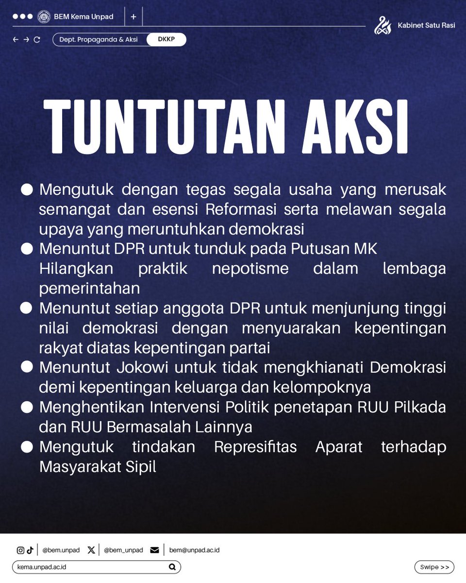 Sore tadi Kema Unpad turut serta dalam Seruan Aksi #OrdeReformati di depan Gedung DPRD Jawa Barat dengan tuntutan aksi sebagai berikut: