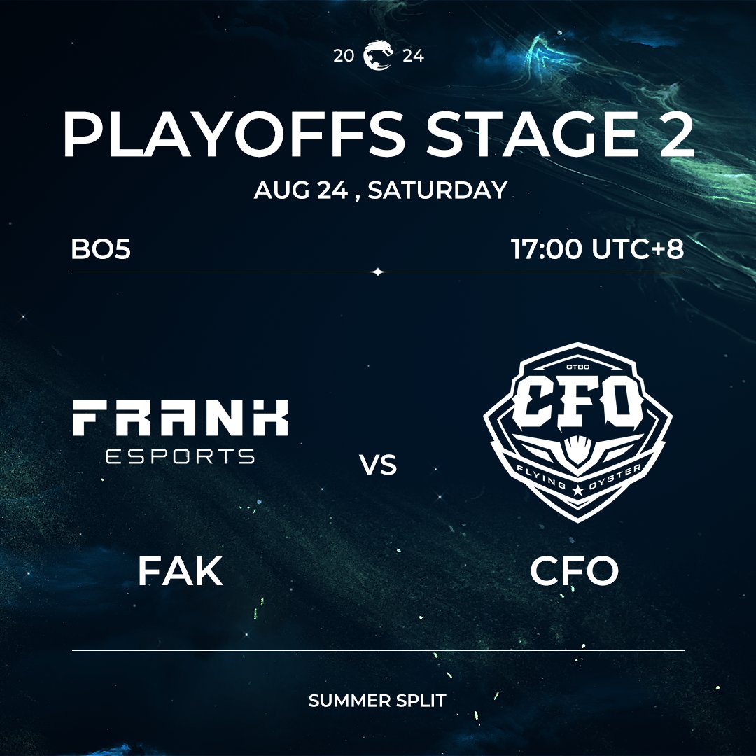 #PCS2024 2024 PCS Summer Split Playoffs Stage 2 Day 8 Schedule📌
This evening's match will be a do-or-die battle between <a href="/FrankEsportsLoL/">FRANK Esports 🇭🇰</a> and CFO. Which team will advance to the roadshow, and who will end their season today?