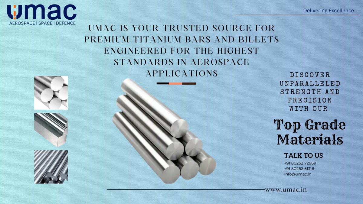 UMACMedia's tweet image. Elevate aerospace with UMAC’s Premium Titanium Bars and Billets! 🌟
UMAC is your trusted partner for top-quality titanium bars and billets, meticulously engineered to meet the highest standards in aerospace applications.
#TitaniumBars #AerospaceExcellence #UMAC