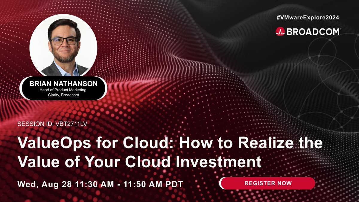 At VMware Explore, <a href="/BrianNathanson/">Brian Nathanson</a> will share ValueOps for Cloud, which helps companies manage their #CloudTransformation, track its costs and benefits, and articulate its value to the business. Save your spot!
#ValueStreamManagement  #Broadcom bit.ly/3yQXDKj