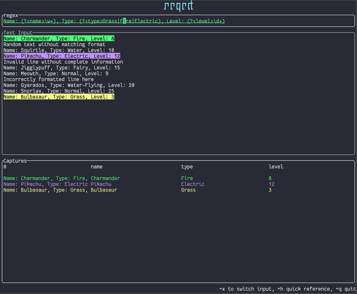orhundev's tweet photo. Man... I'm loving this TUI! 💯

🔮 regect: Regex 101 like CLI tool.

🔥 Regex testing and debugging in your terminal!

🦀 Written in Rust & built with @ratatui_rs

⭐ GitHub: https://t.co/67iLFimkeE

#rustlang #ratatui #tui #regex #testing #regex101 #regular #expressions #terminal #commandline