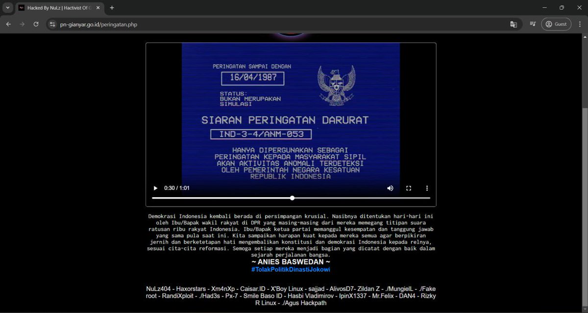 Bismillahirrahmanirrahim
Subdomain website Jatim Prov telah kami retas! 
Kami hanya bisa bersuara lewat dunia kami. Salam perjuangan! 
#KawalKeputusanMK
#TolakPolitikDinastiJokowi
#DaruratDemokrasi
#IndonesiaEmegencyDemocracy
Website:sibangkodir.bpsdm.jatimprov.go.id/peringatan/