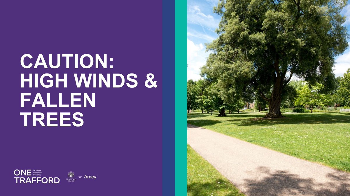 Windy weather update: We are aware of a number of trees and branches which have fallen due to high winds. Our teams are working closely with <a href="/TraffordCouncil/">Trafford Council</a>’s tree unit to make these areas safe. Stay safe Trafford. #StormLillian