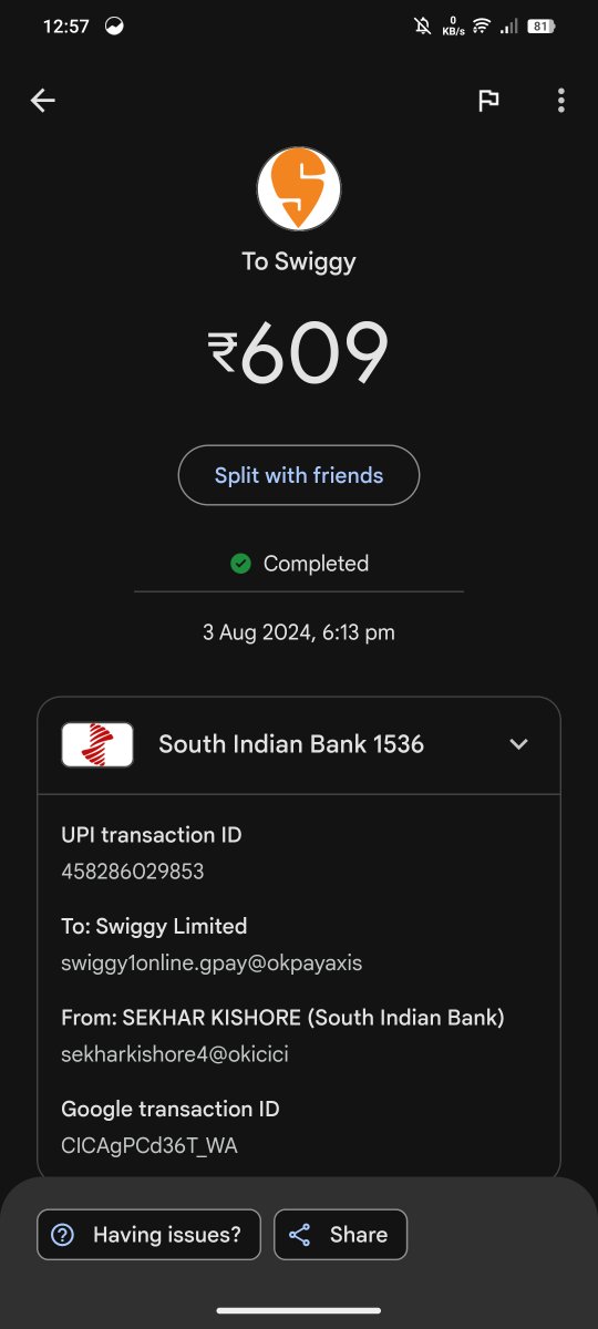 Halfabusa's tweet photo. @SwiggyCares You have received my payment and this is the proof. Don't give unreasonable excuses @swi https://t.co/IHYWYPPzcH
