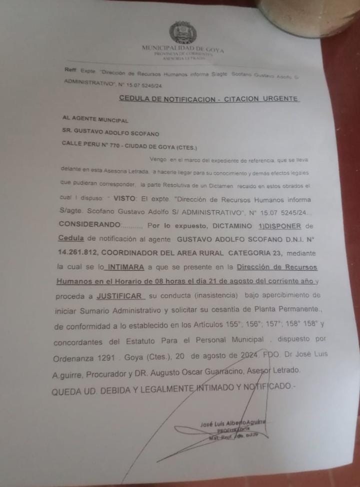 tn_goya's tweet photo. Será tanto el descontrol que el municipio de Goya que llama a presentarse a trabajar a unn coordinador de área rural un funcionario de puesto político por resolución que se presente a trabajar. El dato es que esta persona de apellido Scofano esta #preso en el penal hace dos años https://t.co/FYeJEGdZ5G