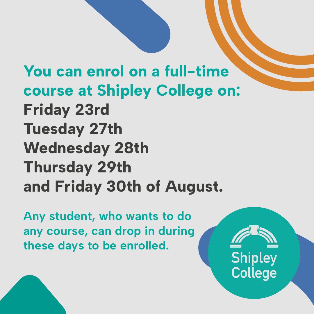 Today is our second day of enrolment! Don't worry if you missed your slot yesterday or this morning, you can still pop down this afternoon and get yourself sorted ready for September.

#ShipleyCollege #Saltaire #Enrolment