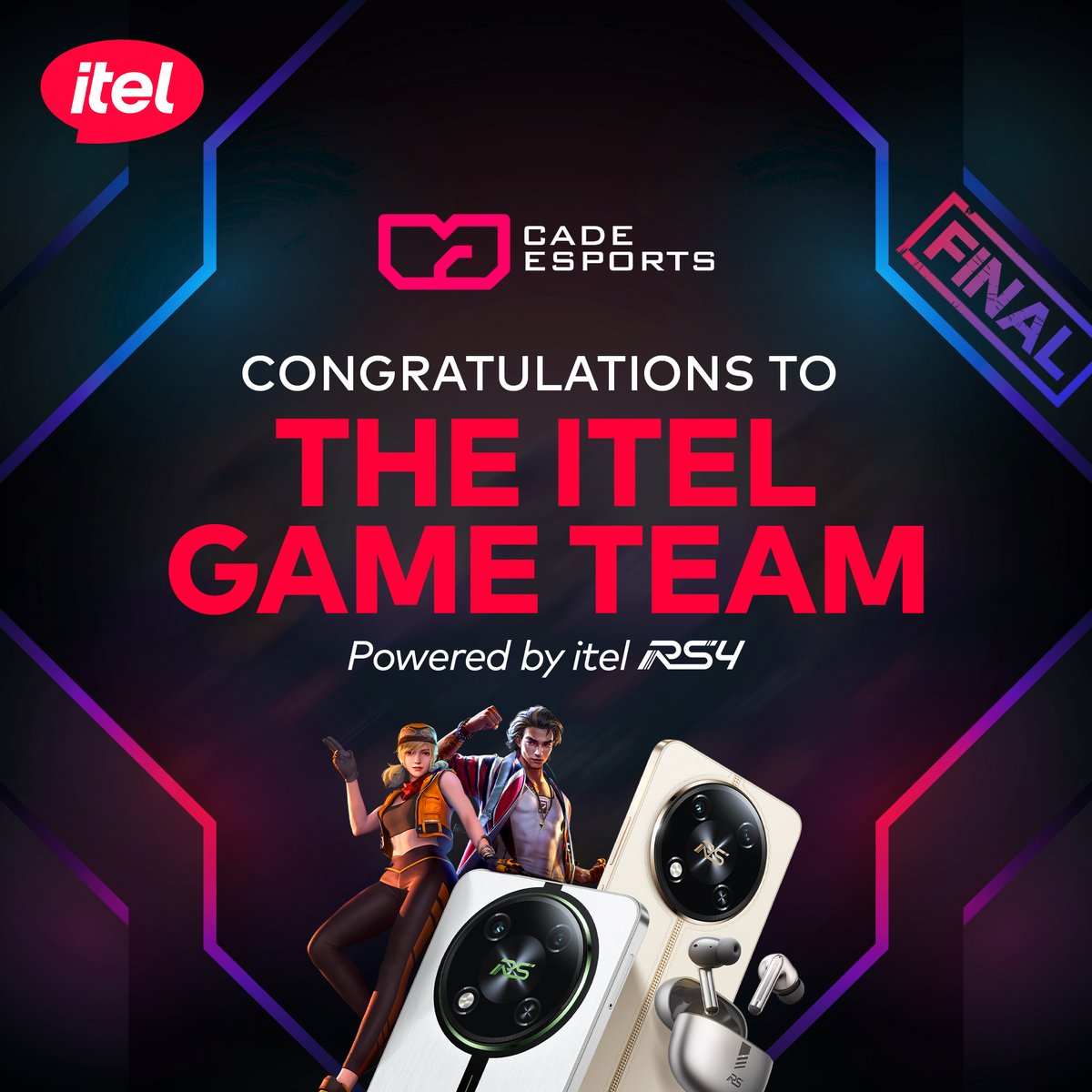 itelNigeria's tweet photo. We get gamers! 🔥

Congratulations to our itel Game Team for reaching the final of the Cade Esports tournament. One more stop to glory. 🏆

#itelRS4
#GameOnPlayFaster https://t.co/Xoo1mS6uaU