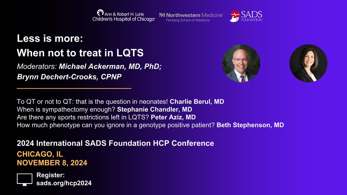 SADS Foundation (@sadsfoundation) on Twitter photo When should you NOT treat #LQTS? Hear from our expert panel: <a href="/MJAckermanMDPhD/">Michael J. Ackerman MD,PhD</a>, <a href="/brynndechert30/">Brynn Dechert</a>, Charlie Berul, Stephanie Chandler, <a href="/PeterAzizMD/">Peter Aziz, MD</a>, Beth Stephenson at sads.org/get-involved/a…. <a href="/LurieChildrens/">Lurie Children's</a> <a href="/PACESep/">PACES Pediatric and Congenital EP Society</a> <a href="/NUFeinbergMed/">Northwestern Feinberg School of Medicine</a> #EPeeps #CardioEd When should you NOT treat #LQTS? Hear from our expert panel: <a href="/MJAckermanMDPhD/">Michael J. Ackerman MD,PhD</a>, <a href="/brynndechert30/">Brynn Dechert</a>, Charlie Berul, Stephanie Chandler, <a href="/PeterAzizMD/">Peter Aziz, MD</a>, Beth Stephenson at sads.org/get-involved/a…. <a href="/LurieChildrens/">Lurie Children's</a> <a href="/PACESep/">PACES Pediatric and Congenital EP Society</a> <a href="/NUFeinbergMed/">Northwestern Feinberg School of Medicine</a> #EPeeps #CardioEd
