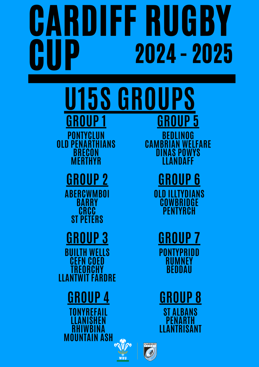 🔵⚫️Cardiff Rugby Cup 2024 - 2025 Groups🔵⚫️

Please find below this years U12s, U13s, U14s &amp; U15s groups. 

Pob lwc to all teams!

Any questions or queries as always please email cardiffrugbycup@wru.wales

#CardiffRugbyCup