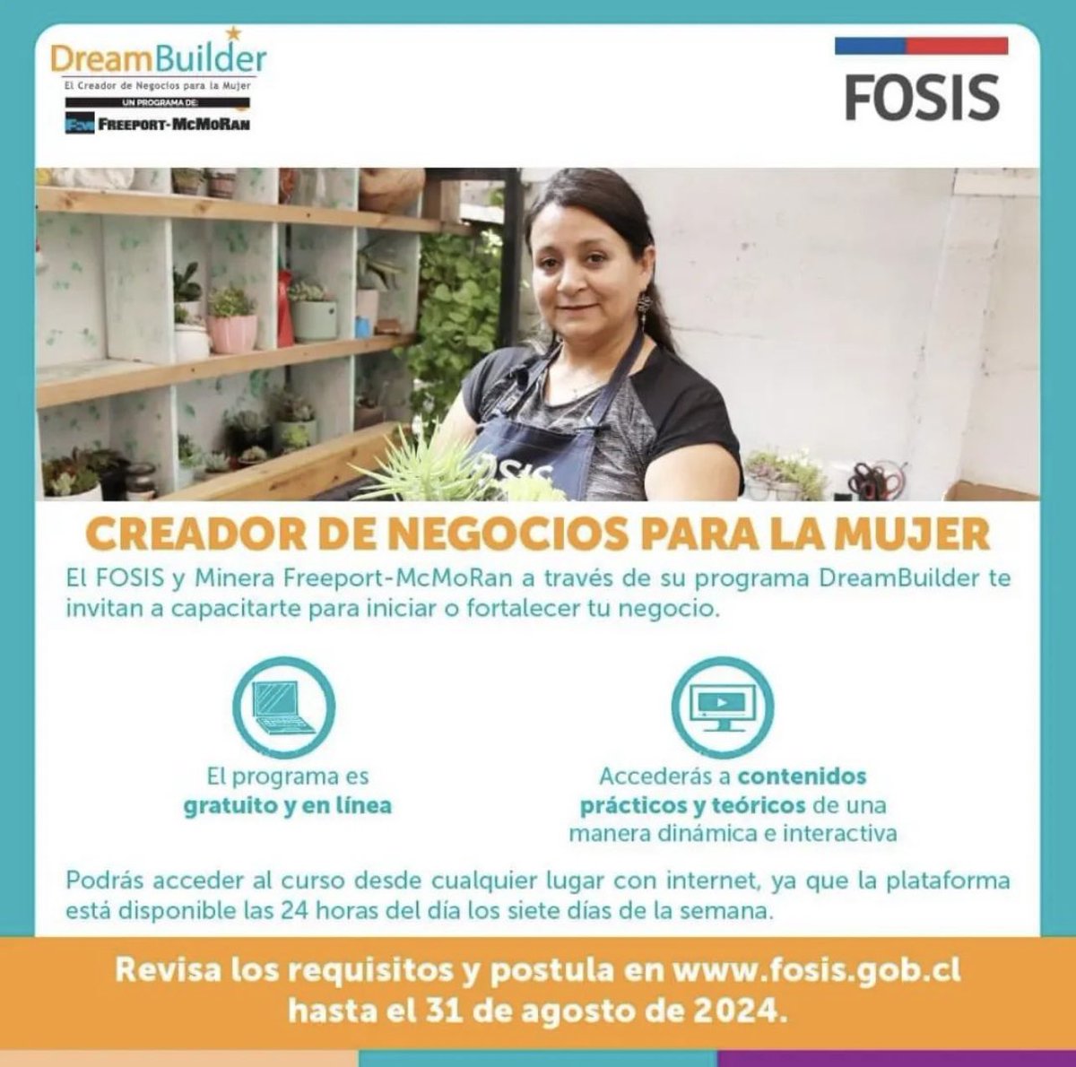 FOSIS_Mag's tweet photo. ⭐️ ¡Conoce los requisitos y postula a hasta el 31 de agosto en https://t.co/lMj54iFRlx!

El programa está dirigido a mujeres que tengan una idea de negocio o un emprendimiento funcionando que quieran desarrollar un plan de negocios personalizado y aprender herramientas de gestión https://t.co/wKfxIMMHBz