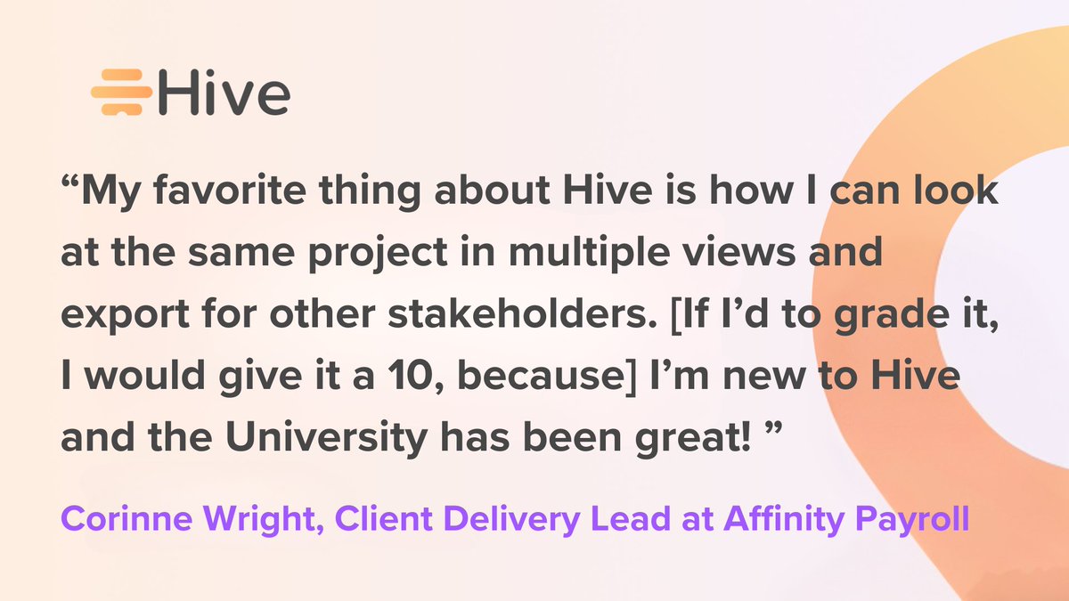 hive's tweet image. Ready to stand out and lead the charge with your team? 🚀 Meet Corinne Wright, Client Delivery Lead at @AffinityPayroll.

At Affinity, they use Hive to #MoveFaster. ⚡

Corinne is new to our platform, and guess what?
🤓 She's on her way to masters it!

Want to thrive like her?