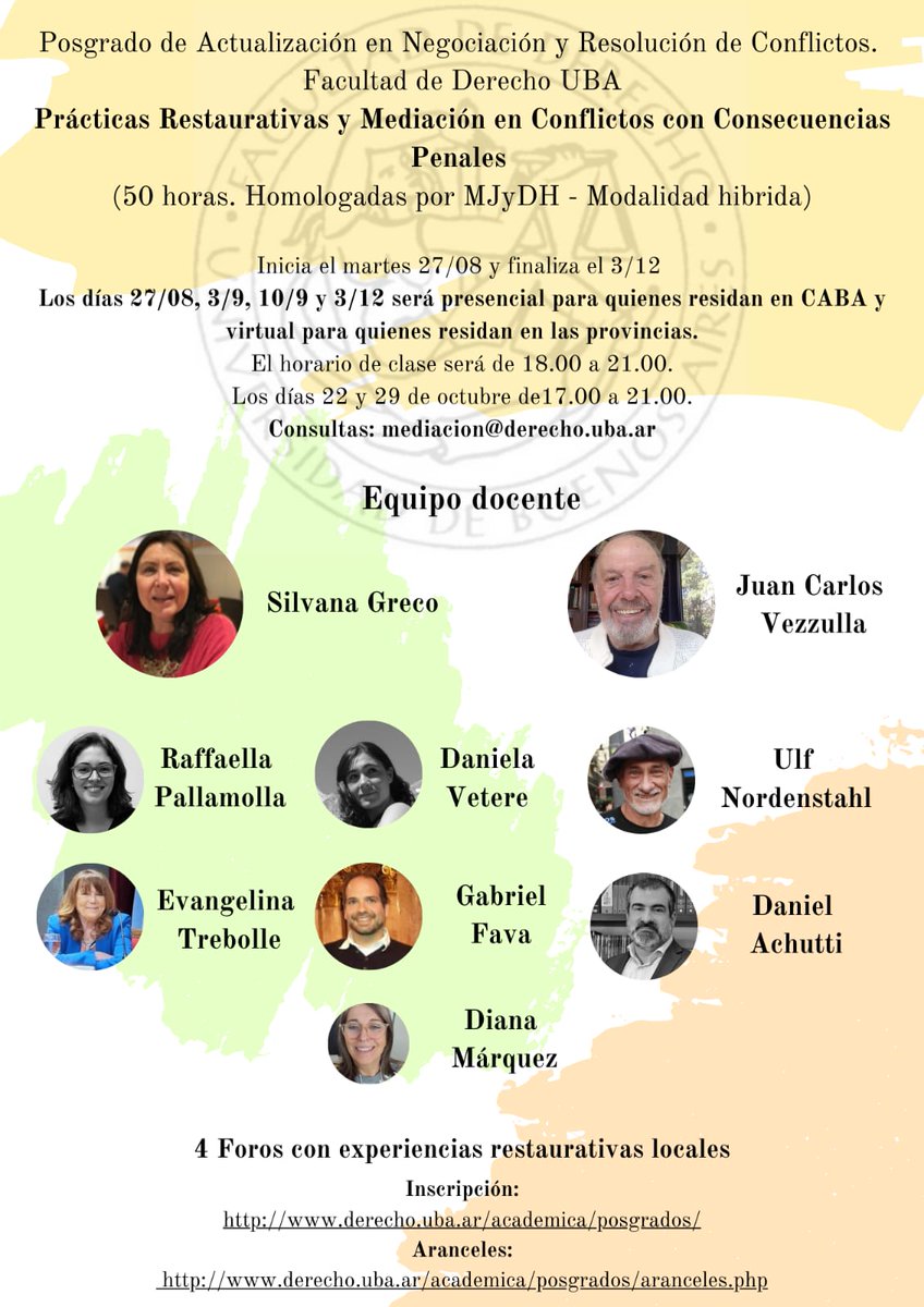 📚Actividad recomendada

 "Prácticas Restaurativas y Mediación en Conflictos con Consecuencias Penales" 

Las clases iniciarán el 27/08 y culminarán el 03/12.

+ Info 
derecho.uba.ar/academica/posg…

📩 mediacion@derecho.uba.ar
