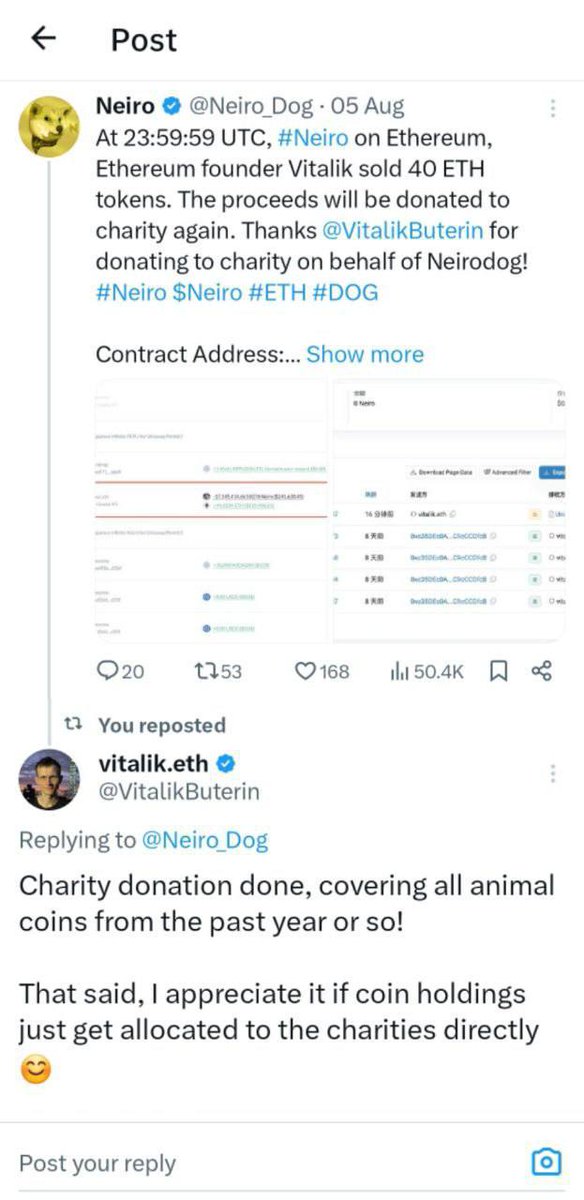 The First $Neiro on Ethereum useful links:

First to deploy: etherscan.io/tx/0x8285217af…

Vitalik's sell:
etherscan.io/tx/0x534614174…

Vitalik's donation:
x.com/VitalikButerin…

CA: 0x812Ba41e071C7b7fA4EBcFB62dF5F45f6fA853Ee

Website: neiroeth.io

TG: