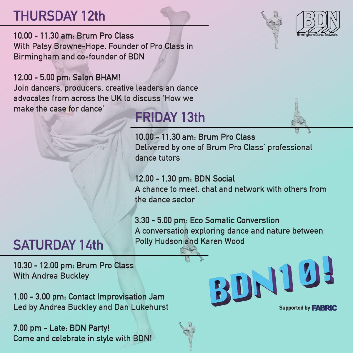 🎉BDN IS 10!🎉Join us to celebrate the 10th anniversary of Birmingham Dance Network!

Join us for 3 days as we to reflect on our achievements, glorifying where we are and consider what the future holds for us.

🗓️Thu 12th — Sat 14th September 2024

Stay tuned! 🚀
#BDN10