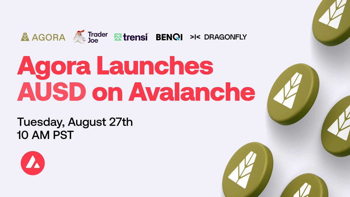 Avalanche🔺 (@avax) on Twitter photo Mark your calendars for Avalanche Spaces, Tuesday at 1pm!
We're chatting with <a href="/TraderJoe_xyz/">Let's F***ing Joe (formerly Trader Joe)</a>, <a href="/BenqiFinance/">BENQI🔺</a>, @Trensi_fi, <a href="/dragonfly_xyz/">Dragonfly >|<</a> and <a href="/withAUSD/">Agora</a> about the recent launch of the new $AUSD stablecoin, and how it incentivizes businesses to contribute to the growth of DeFi on Mark your calendars for Avalanche Spaces, Tuesday at 1pm!
We're chatting with <a href="/TraderJoe_xyz/">Let's F***ing Joe (formerly Trader Joe)</a>, <a href="/BenqiFinance/">BENQI🔺</a>, @Trensi_fi, <a href="/dragonfly_xyz/">Dragonfly >|<</a> and <a href="/withAUSD/">Agora</a> about the recent launch of the new $AUSD stablecoin, and how it incentivizes businesses to contribute to the growth of DeFi on