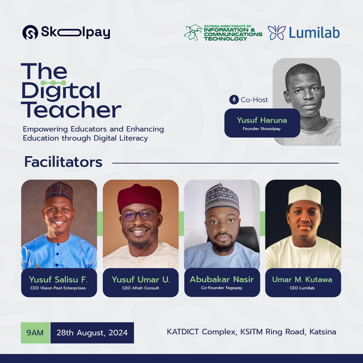 skooolpay's tweet photo. Meet Our Co-Host and Esteemed Facilitators for The Digital Teacher Workshop! 
We’re excited to have @theyuzarseef, our dynamic Co-Host, alongside our expert facilitators: @malam_Umer, @funtuayusuf86, Abubakar Nasir, and Yusuf Umar Usman. https://t.co/piNLRwe2D5