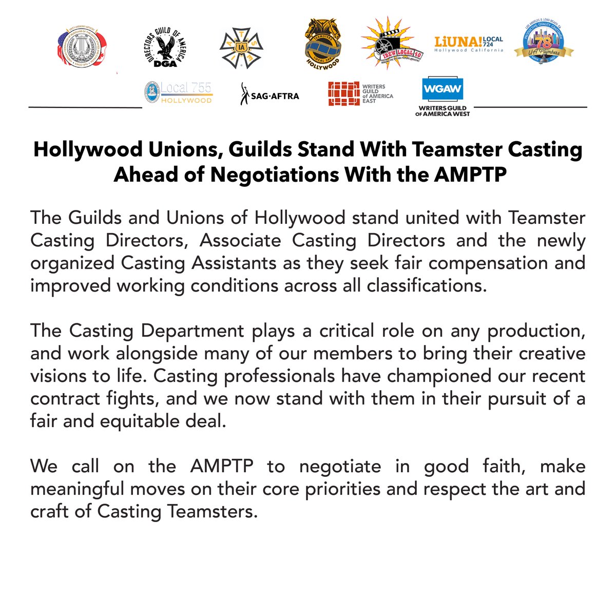 WGAWest's tweet photo. We call on the AMPTP to negotiate in good faith, make meaningful moves on their core priorities and respect the art and craft of #CastingByTeamsters. https://t.co/Ql2dHnK1ES