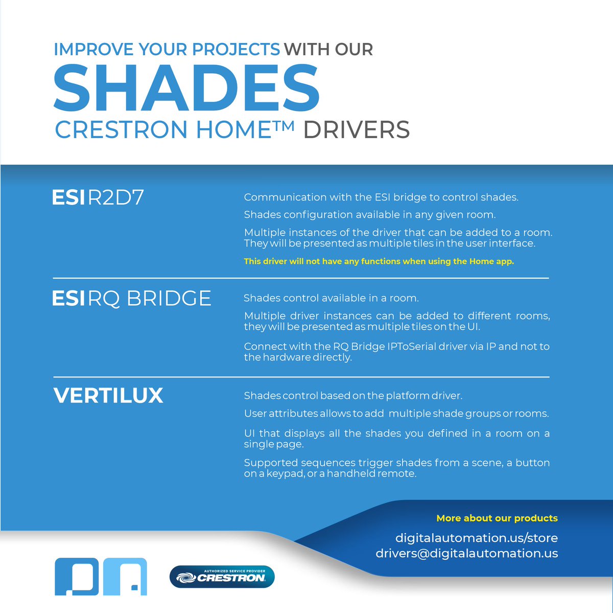 DAutomation's tweet image. Check out our Shades drivers for @Crestron Home™! They provide smooth integration into your projects!  Feel free to contact us to know more about our products and services!

digitalautomation.us/product-catego…

@SomfyUS @vertilux  #Crestron #crestroncontrol #somfy #somfyshades #vertilux