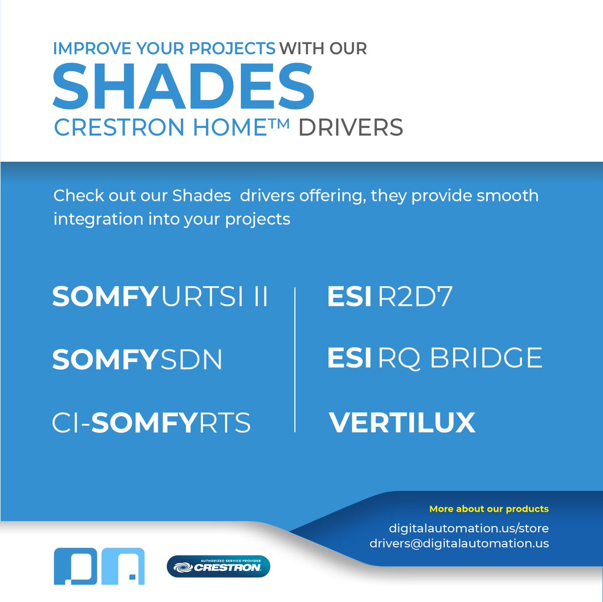 DAutomation's tweet image. Check out our Shades drivers for @Crestron Home™! They provide smooth integration into your projects!  Feel free to contact us to know more about our products and services!

digitalautomation.us/product-catego…

@SomfyUS @vertilux  #Crestron #crestroncontrol #somfy #somfyshades #vertilux