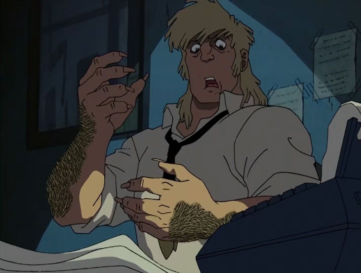 Regular_TF's tweet image. I wanted to rewatch after a long time the Cybersix Werewolf TF.
I love how it shows his back growing, ripping his shirt, and that final pic with his arms up 🥰