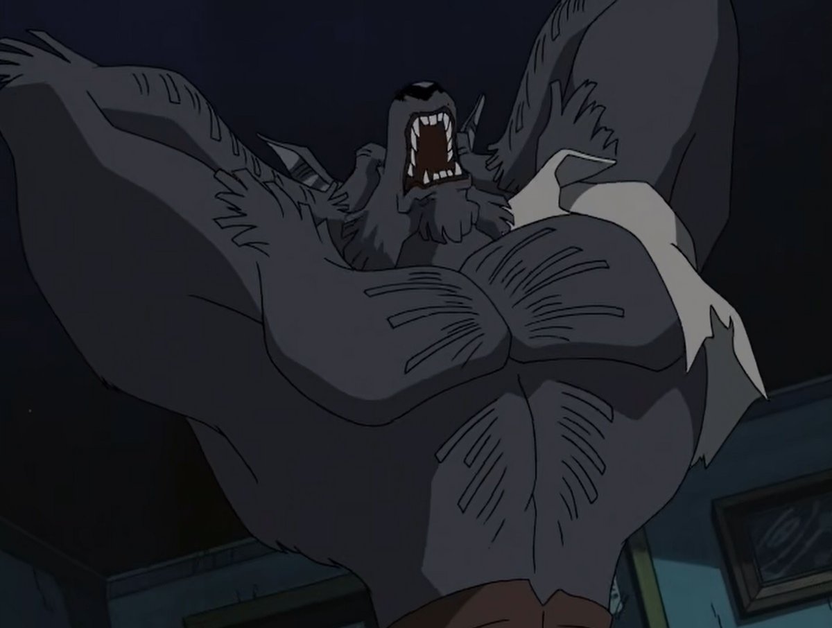 Regular_TF's tweet image. I wanted to rewatch after a long time the Cybersix Werewolf TF.
I love how it shows his back growing, ripping his shirt, and that final pic with his arms up 🥰