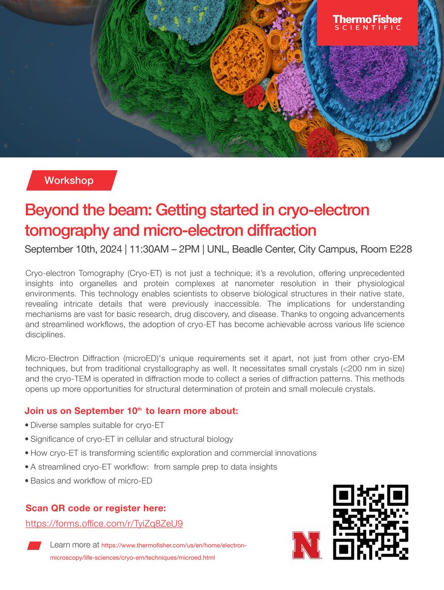 UNL Biotech Center (@biotechunl) on Twitter photo 📢Free Seminar at UNL
Join <a href="/thermofisher/">Thermo Fisher</a> and <a href="/Cryo_UNLbiotech/">UNL CryoEM Core Facility</a> to learn what microED and cryoET can do for your research!
September 10th, 2024 | 11:30AM – 2PM | UNL, Beadle Center, City Campus, Room E228
Claim your spot now! Register here: forms.office.com/r/TyiZq8ZeU9 📢Free Seminar at UNL
Join <a href="/thermofisher/">Thermo Fisher</a> and <a href="/Cryo_UNLbiotech/">UNL CryoEM Core Facility</a> to learn what microED and cryoET can do for your research!
September 10th, 2024 | 11:30AM – 2PM | UNL, Beadle Center, City Campus, Room E228
Claim your spot now! Register here: forms.office.com/r/TyiZq8ZeU9