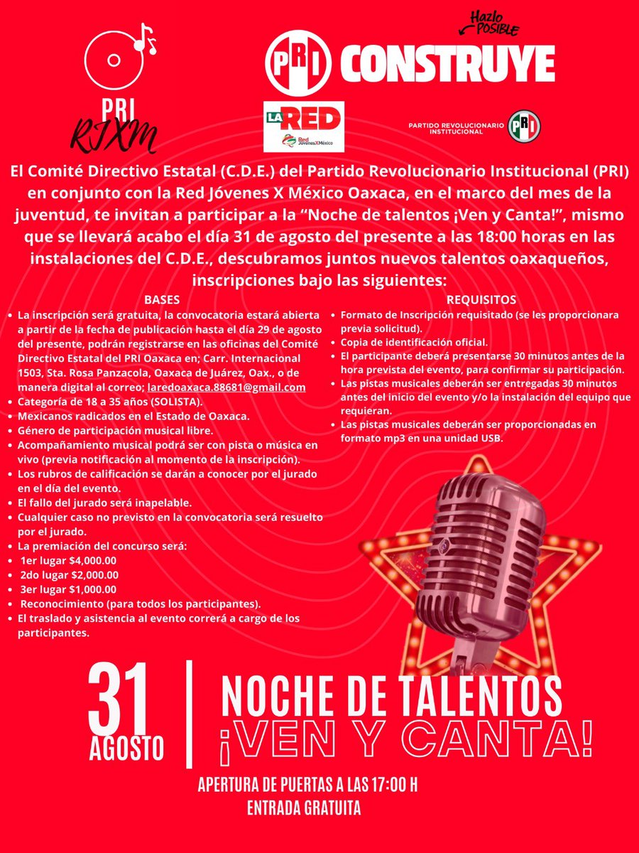 El CDE del PRI en conjunto con la Red Jóvenes X México Oaxaca, invitan a la gran “Noche de talentos ¡Ven y Canta!”
🗓️31 de agosto
⏰18:00 horas
¡Participa! 🎶🎙️👨🏽‍🦱👩🏻PRI