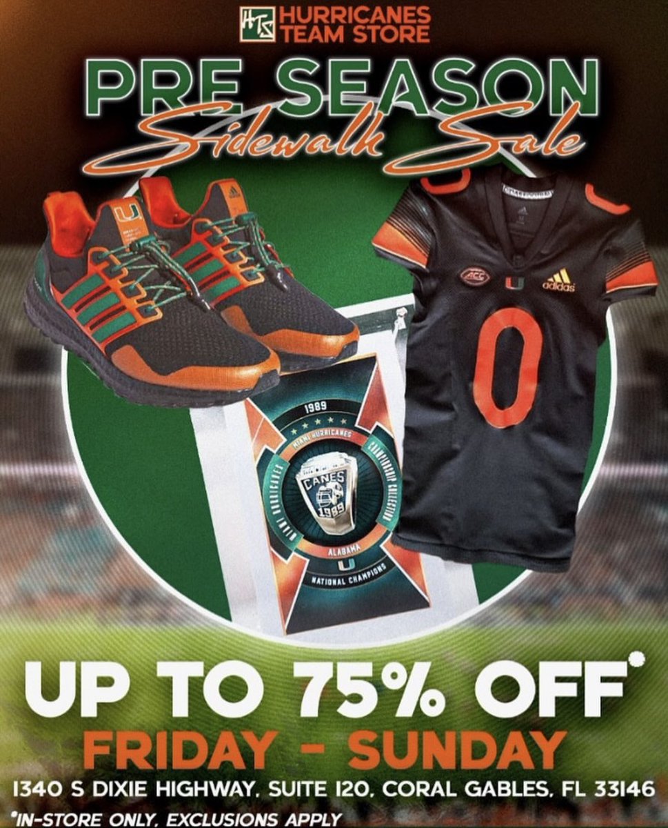 Jalen Blackmon (@jalenblackmon1) on Twitter photo Get ready for 🏈 SZN this weekend at <a href="/miamihts/">Miami Team Store</a> Preseason sidewalk Sale! Get select Canes gear up to 75% off from Friday to Saturday, and meet Sebastian Saturday at 2pm Get ready for 🏈 SZN this weekend at <a href="/miamihts/">Miami Team Store</a> Preseason sidewalk Sale! Get select Canes gear up to 75% off from Friday to Saturday, and meet Sebastian Saturday at 2pm