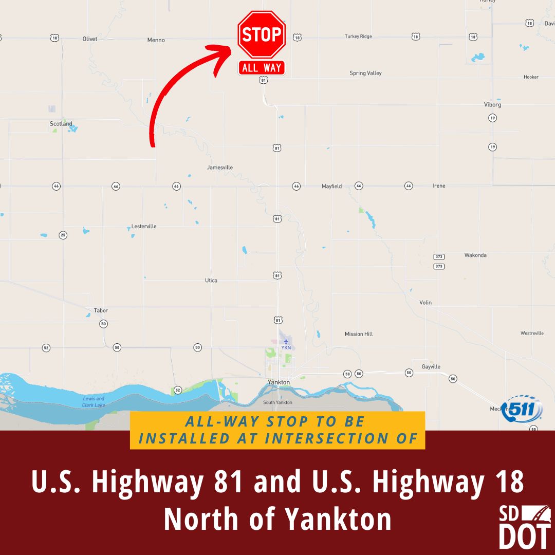SouthDakotaDOT's tweet image. On Monday, Aug. 26, 2024, the SDDOT is scheduled to install an all-way stop at the intersection of U.S. Highway 81 and U.S. Highway 18, which is located north of Yankton and just east of Menno. Currently, traffic is only required to stop on Highway 18.  

dot.sd.gov/blog/3311/all-…