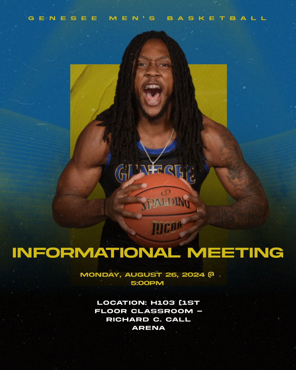 Genesee CC Mens Basketball (@geneseeccmbb) on Twitter photo <a href="/GeneseeCCMbb/">Genesee CC Mens Basketball</a> will be having our Men’s Basketball informational meeting on August 26, 2024 at 5pm
Location: H103 - First floor classroom in the Richard C. Call Arena (Fieldhouse) <a href="/GeneseeCCMbb/">Genesee CC Mens Basketball</a> will be having our Men’s Basketball informational meeting on August 26, 2024 at 5pm
Location: H103 - First floor classroom in the Richard C. Call Arena (Fieldhouse)